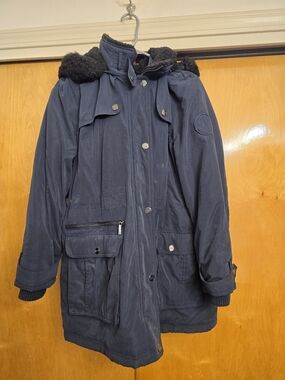 DKNY Navy Hooded Faux-Fur Trim Parka